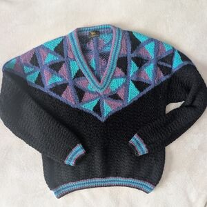 Vintage Alpaca Geometric Patterned Black Sweater